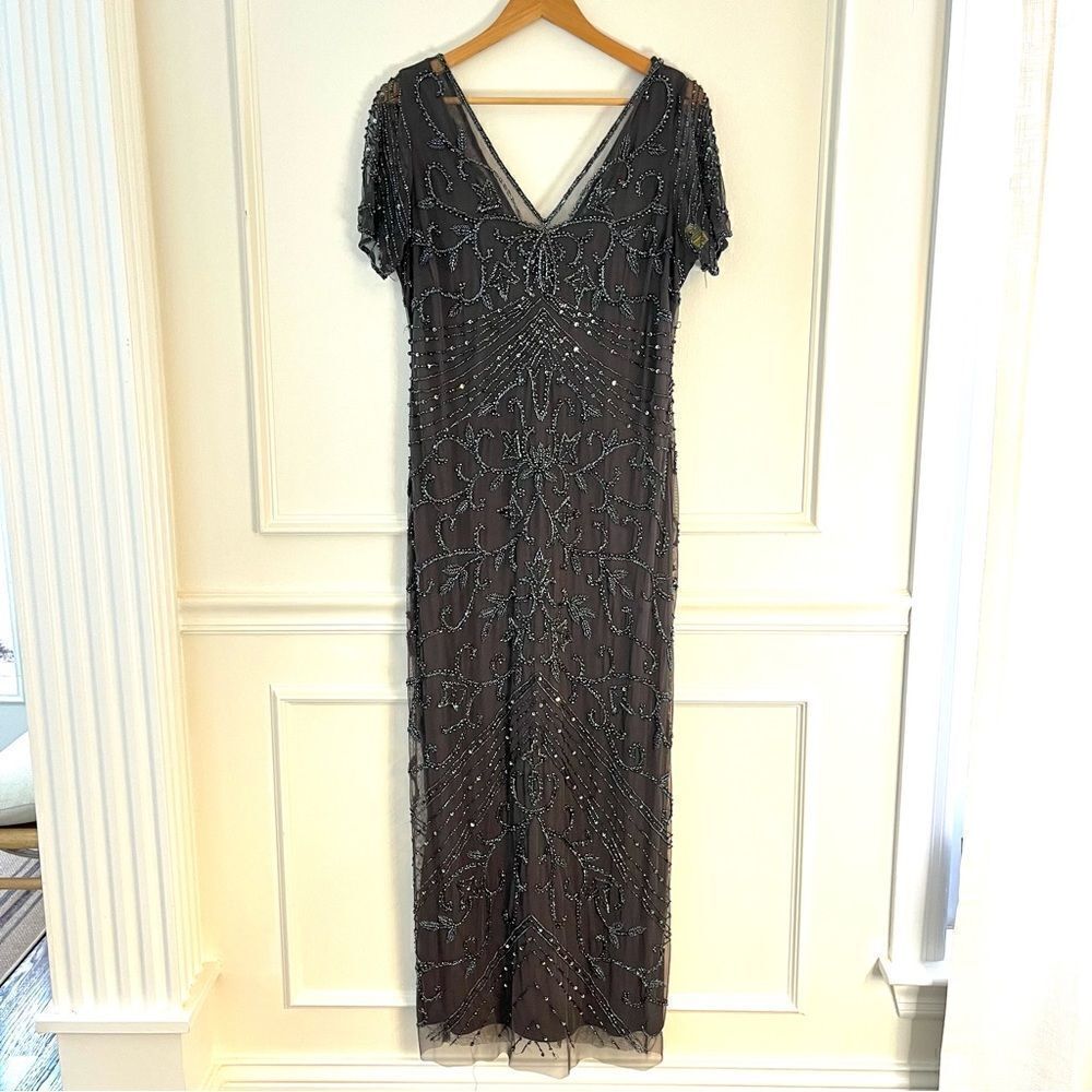 Pisarro Nights Beaded Long Short Sleeve Gown, Size 14, Charcoal Gray, NWT - Picture 5 of 11